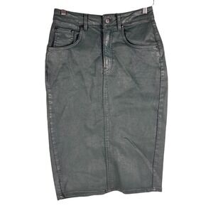 Pilcro Anthropologie Coated Denim Pencil Skirt Green Metallic High Rise Size 4